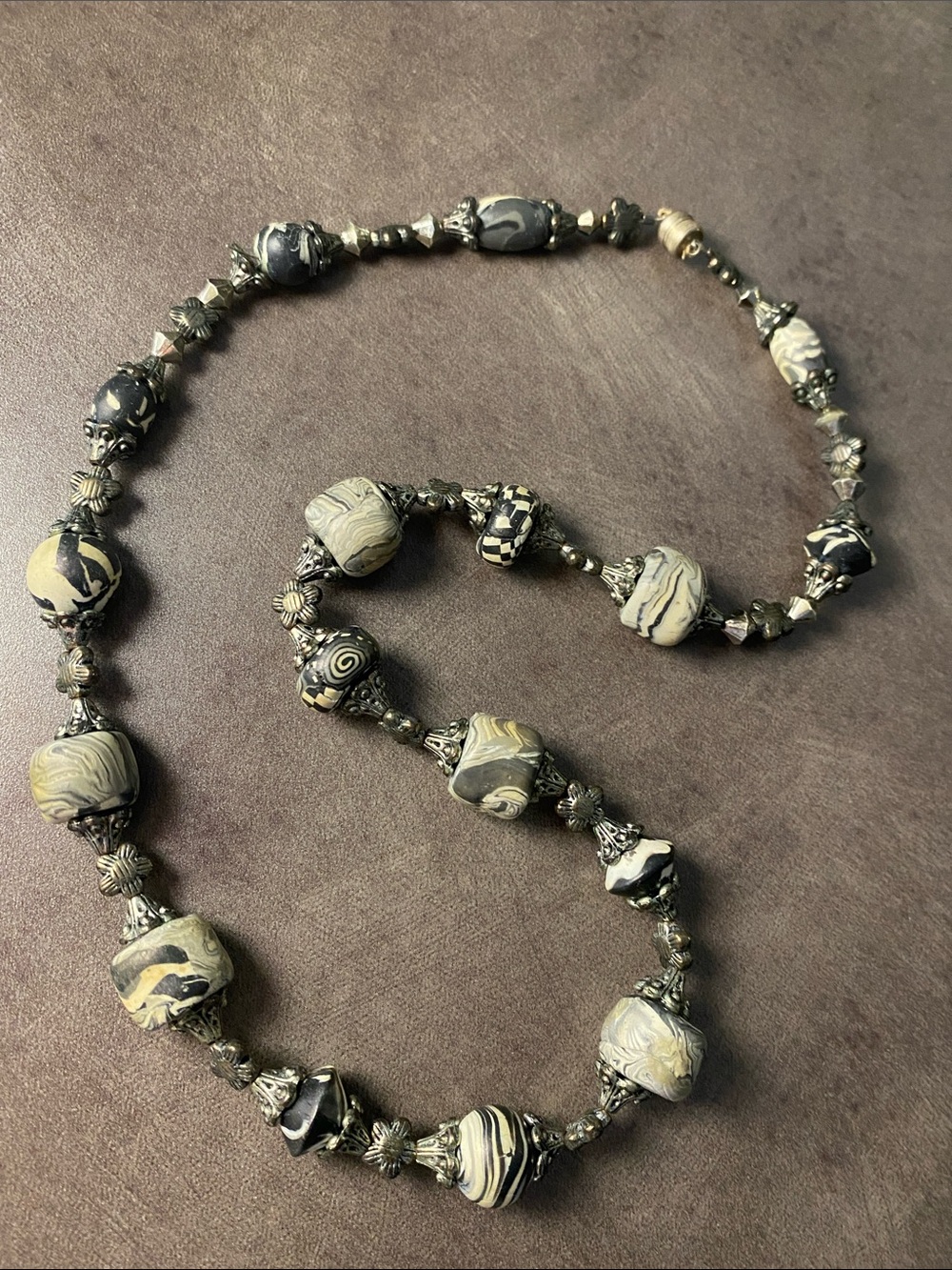 Polymer clay unique beads Vintage Black and Cream Swirl Beaded Necklace